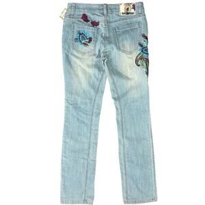 Rocawear Light Blue Purple Embroidered Low Rise Straight Jeans sz 7 NEW Tags Y2K